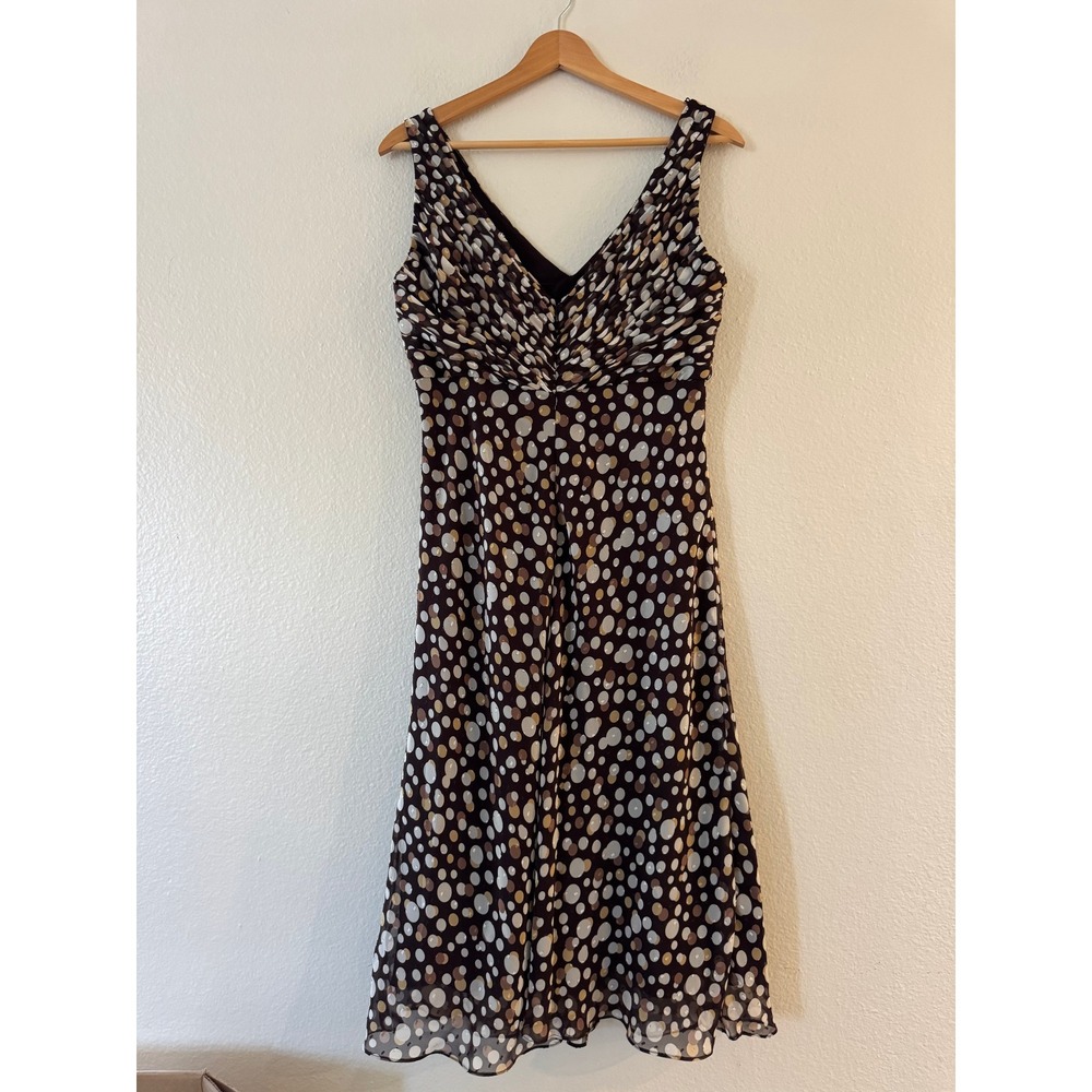 Adrianna Papell Polka Dot Ruched V-Neck Chiffon Midi Dress Size 10 Brown